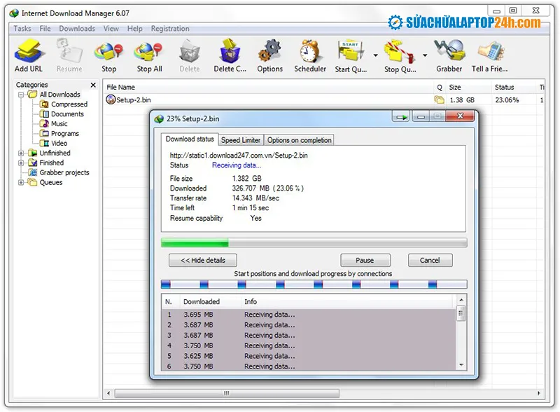 Giao diện phần mềm Internet Download Manager (IDM) hỗ trợ download phim tốc độ cao