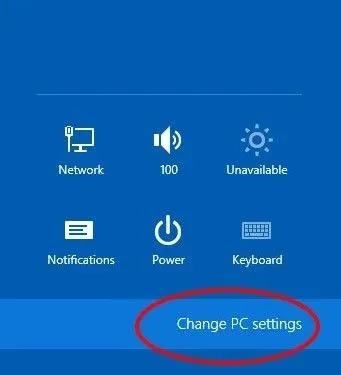 Màn hình Change PC Settings trong Windows 8/10 để tìm Lenovo Boot Menu Key
