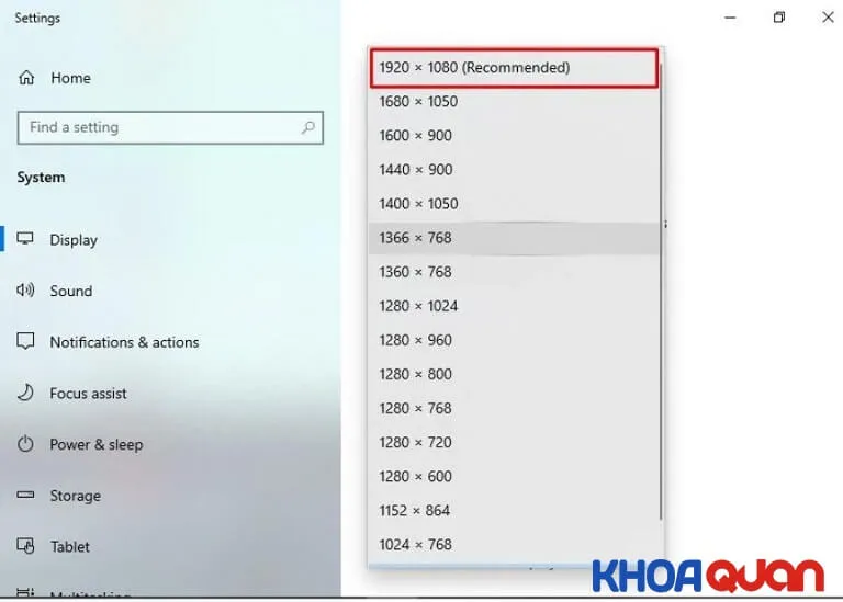 Chọn độ phân giải được máy tính đề nghị (recommended) để sửa lỗi thu nhỏ