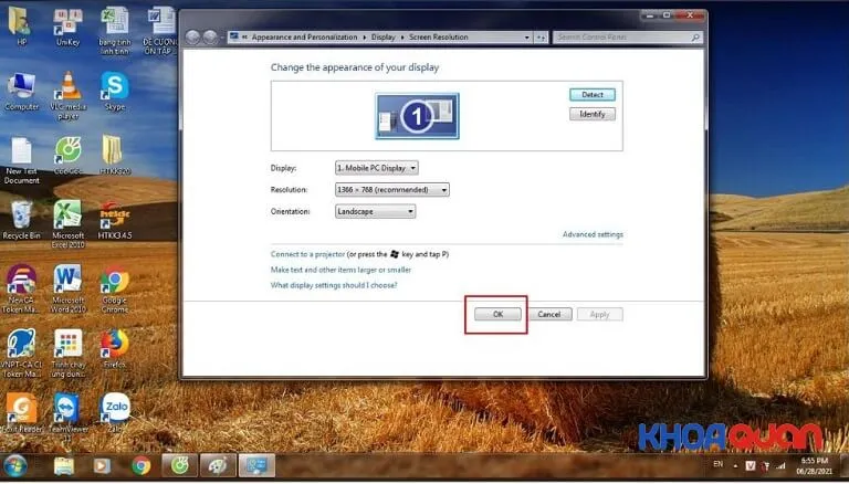 Nhấn OK để lưu thao tác điều chỉnh độ phân giải màn hình