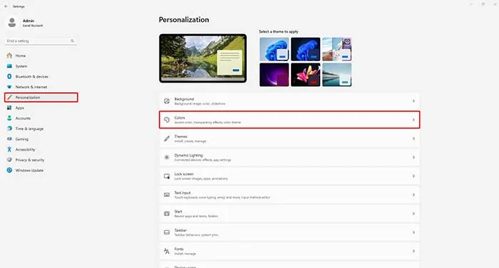 Giao diện cài đặt Personalization và Colors trên Windows 10, minh họa cách điều chỉnh màn hình máy tính bằng Dark Mode
