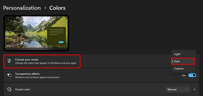 Menu lựa chọn Dark Mode trong Windows 10, một cách điều chỉnh màn hình máy tính hiệu quả