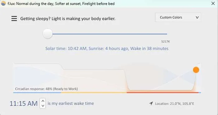 Thanh trượt điều chỉnh nhiệt độ màu Nighttime trong f.lux, tối ưu hóa cách điều chỉnh màn hình máy tính