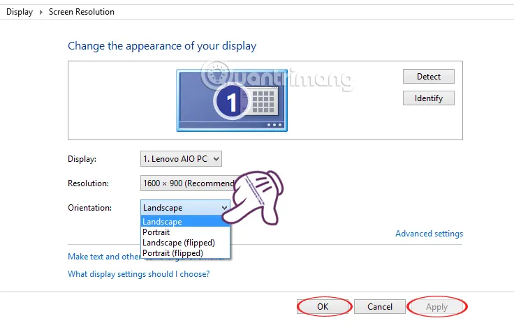 Tùy Chọn Orientation Trong Screen Resolution Giúp cách chỉnh màn hình máy tính bị quay ngược