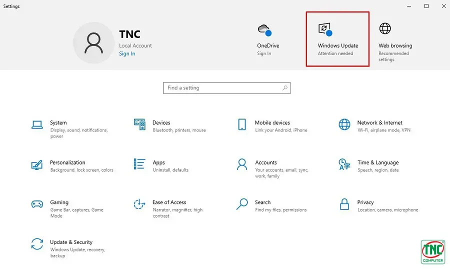 Vào Settings Windows để kiểm tra cập nhật hệ thống
