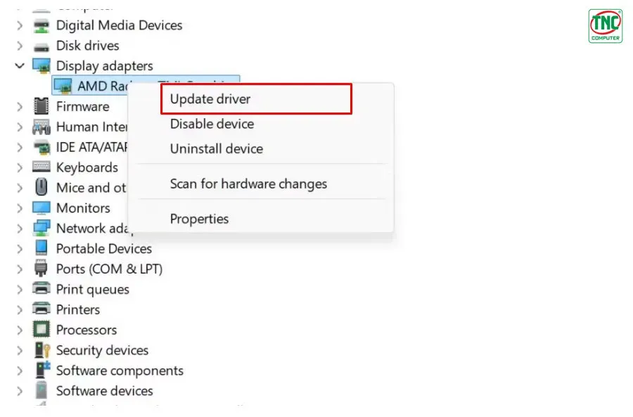 Chọn Update Driver để tìm kiếm phiên bản driver mới