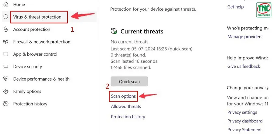 Mở Scan options trong Windows Security để tiến hành quét sâu