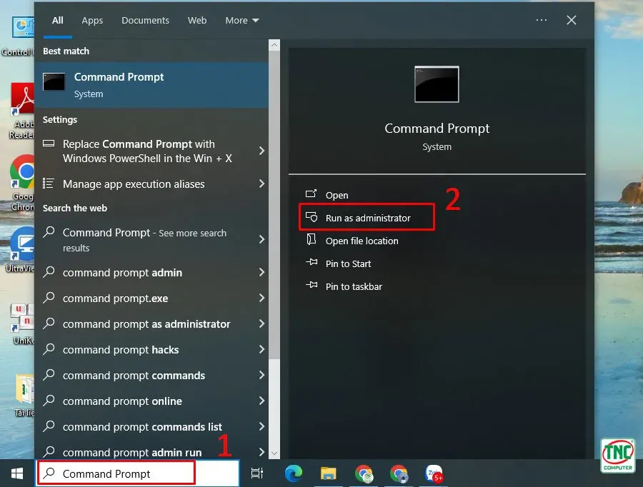 Mở Command Prompt (Admin) để chạy lệnh sửa lỗi tệp hệ thống