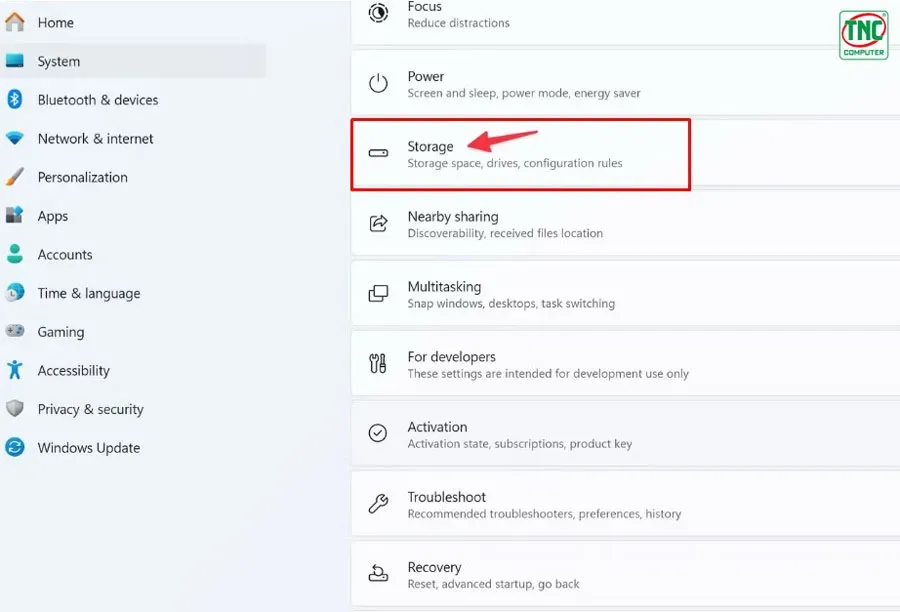 Vào System và mở mục Storage để quản lý dung lượng