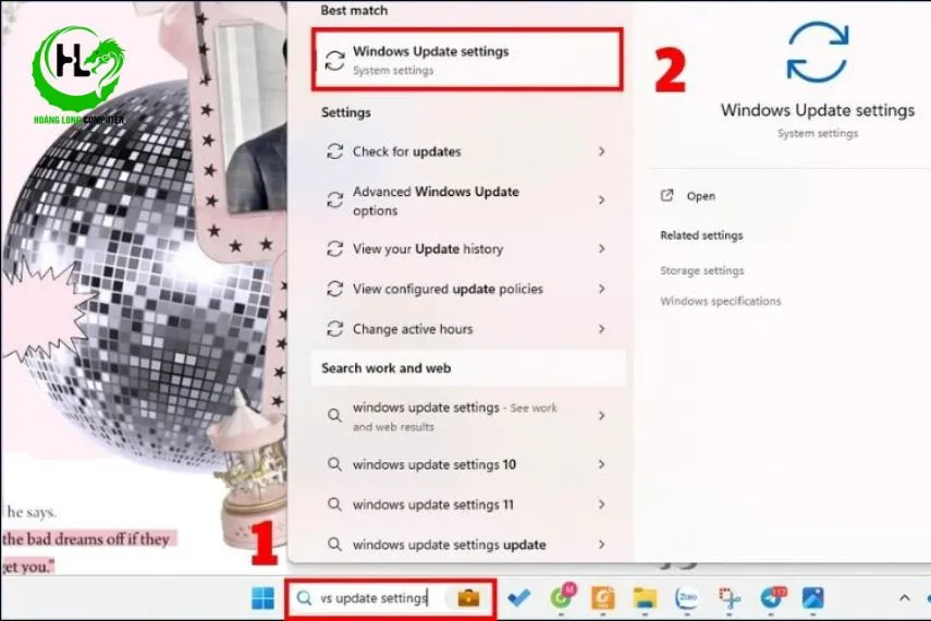 Tìm kiếm và mở Windows Update Settings để cập nhật hệ điều hành