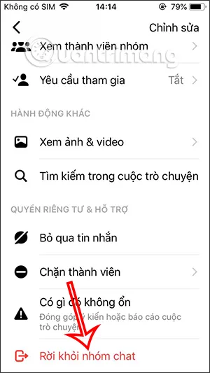 Màn hình tùy chọn Rời khỏi nhóm chat trên ứng dụng Messenger di động