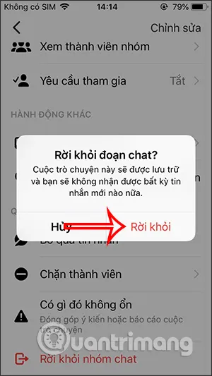 Xác nhận hành động Rời khỏi nhóm chat sau khi đã chọn trên Messenger PC