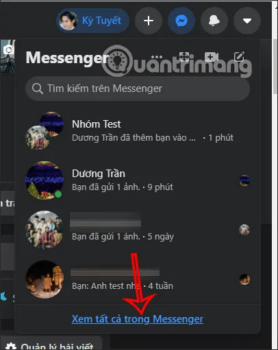 Nhấn vào biểu tượng tin nhắn và chọn Xem tất cả trong Messenger trên máy tính