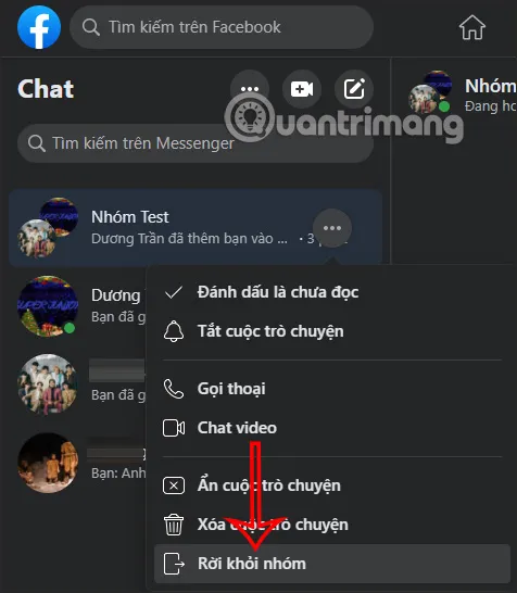 Thao tác chọn Rời khỏi nhóm chat Messenger từ menu ba chấm trên giao diện PC
