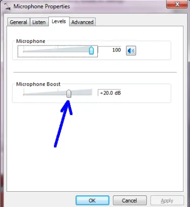 Cài đặt mức âm lượng (Levels) và Microphone Boost +20dB