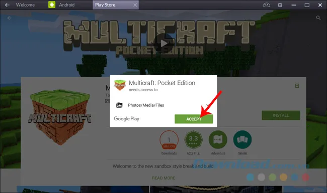 Cửa sổ thông báo yêu cầu chấp nhận quyền truy cập và cài đặt Minecraft Mobile