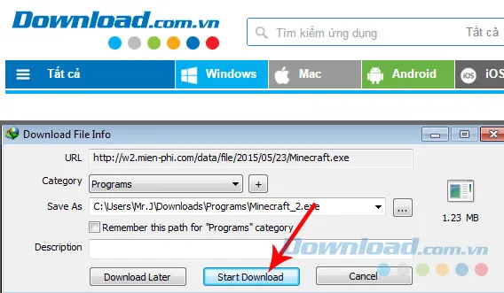 Quá trình bắt đầu download Minecraft trên máy tính sử dụng phần mềm hỗ trợ IDM