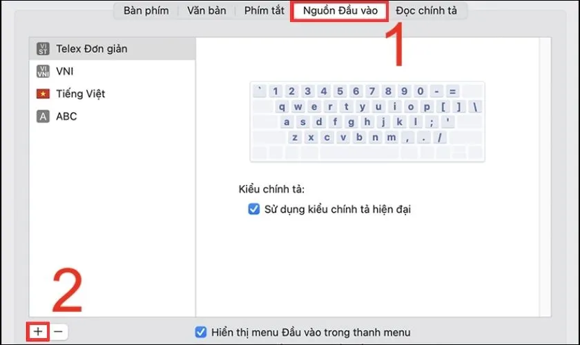 Thêm nguồn đầu vào (Input Source) tiếng Hàn trên máy Mac qua dấu cộng (+) 