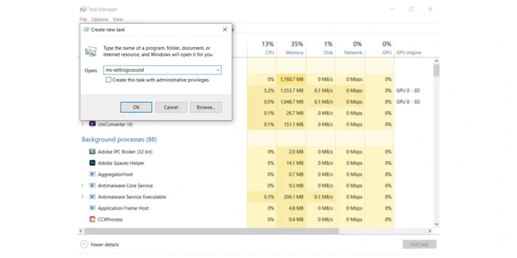 Nhập lệnh ms-settings:sound vào hộp thoại Run new task trong Task Manager