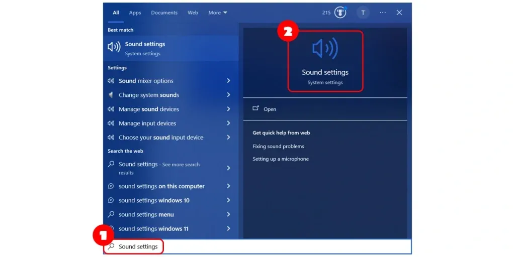 Truy cập cài đặt âm thanh bằng cách gõ Sound settings vào Windows Search