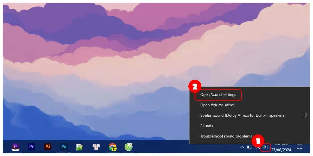Mở cài đặt âm thanh bằng chuột phải vào biểu tượng âm lượng trên Taskbar