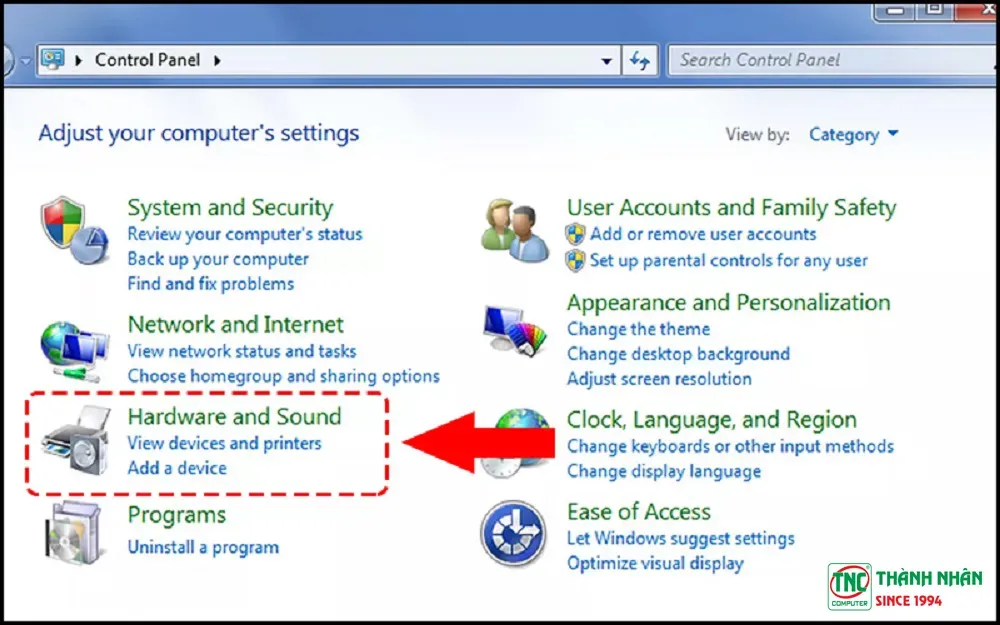 Chọn mục Mouse trong Hardware and Sound để mở chuột máy tính HP