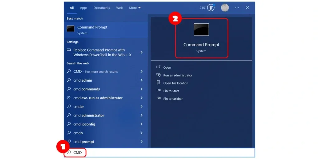 Mở Command Prompt (CMD) bằng Windows Search