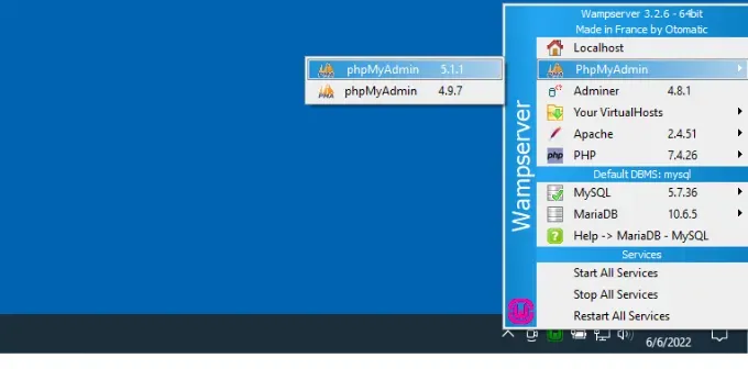 Mở phpMyAdmin từ thanh tác vụ