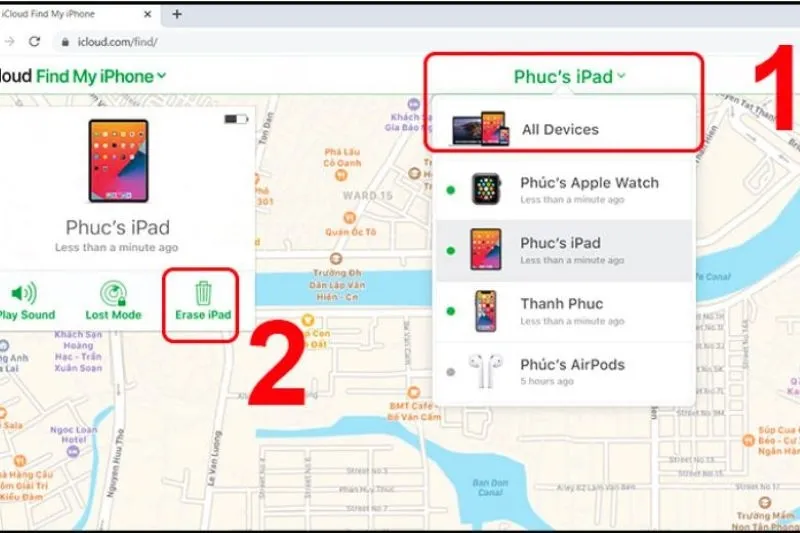 Nút Xóa iPad (Erase iPad) trong tính năng Find My của iCloud