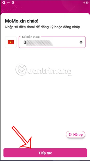 Giao Diện Đăng Nhập Tài Khoản MoMo Bằng Số Điện Thoại Đã Đăng Ký Trên Phần Mềm Giả Lập Android.