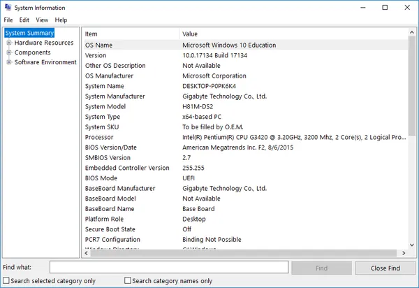 Cửa sổ System Information chi tiết về hệ thống