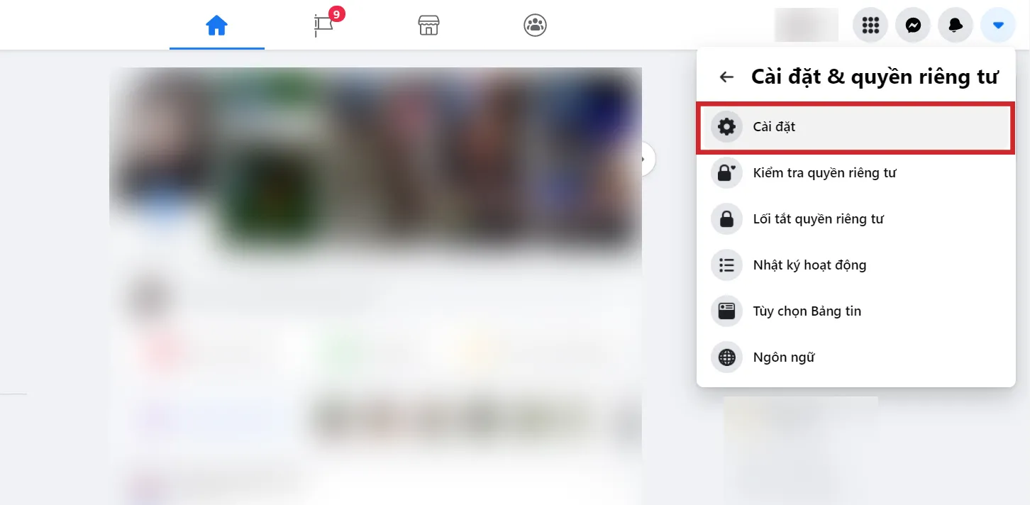 Chọn 'Cài đặt &amp; Quyền riêng tư' để bắt đầu quá trình thay đổi email Facebook trên máy tính