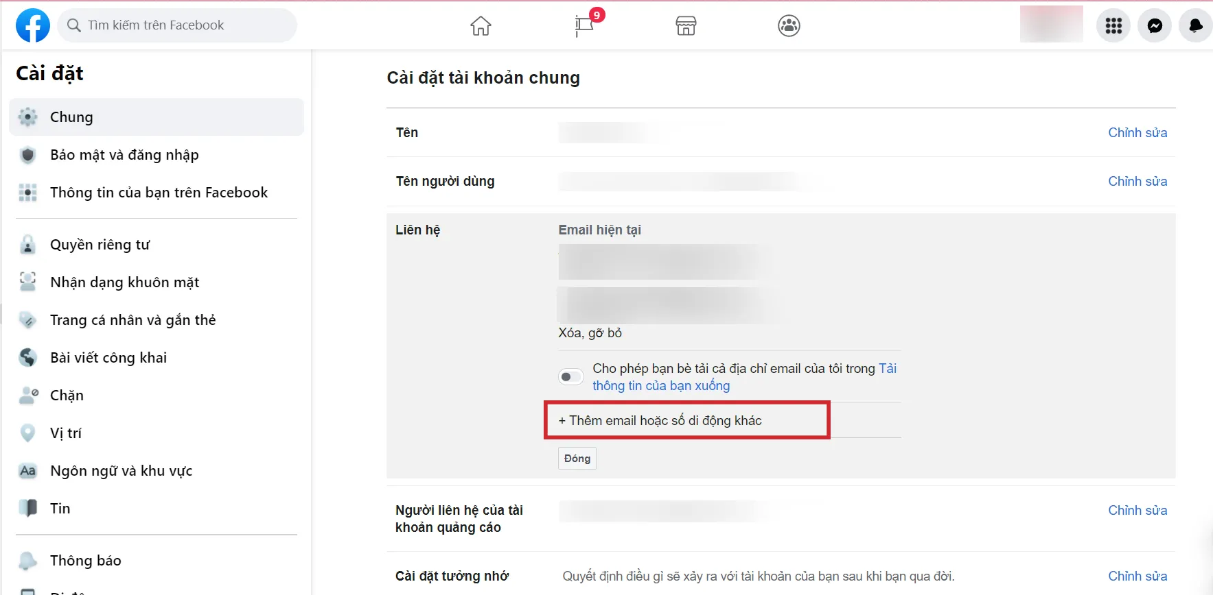 Thao tác 'Thêm email hoặc số di động khác' trong mục Liên hệ khi thực hiện cách đổi email Facebook trên máy tính