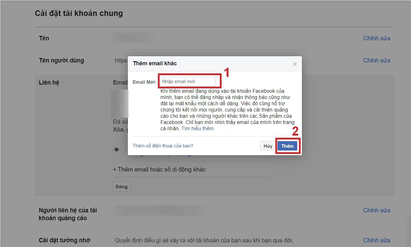 Nhập địa chỉ email mới và xác nhận để hoàn tất bước thêm email trong quy trình cách đổi email Facebook trên máy tính