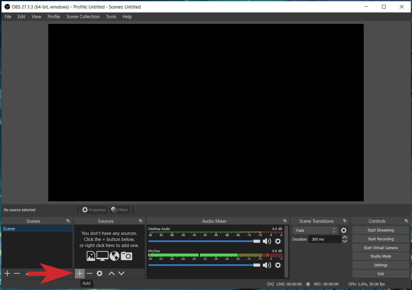 Mở OBS Studio và nhấn vào biểu tượng dấu cộng để thêm nguồn ghi hình mới vào Scenes