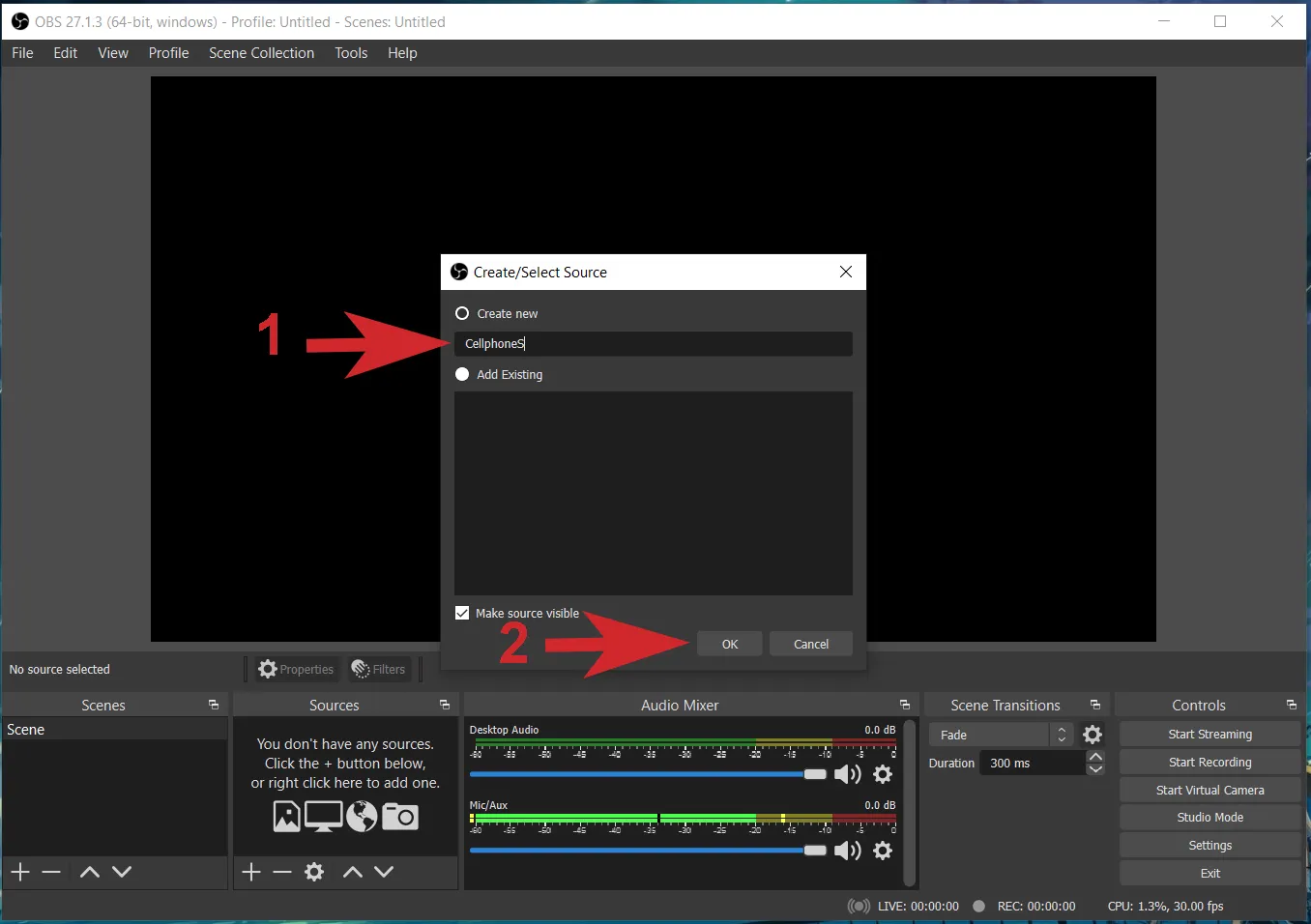 Đặt tên cho nguồn ghi hình Display Capture và chọn OK để bắt đầu cấu hình