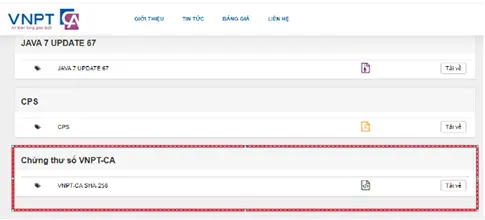 Mục tải chứng thư số VNPT-CA trên website chính thức của nhà cung cấp