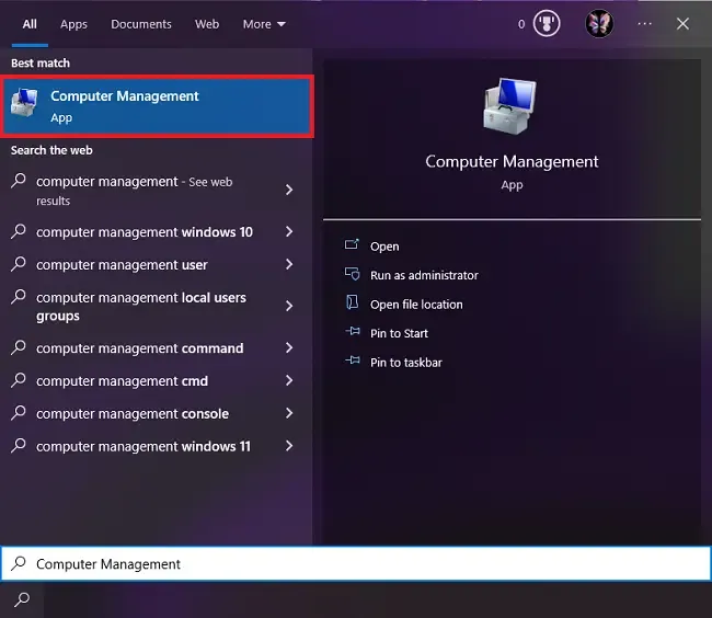 Mở công cụ Computer Management để quản lý người dùng