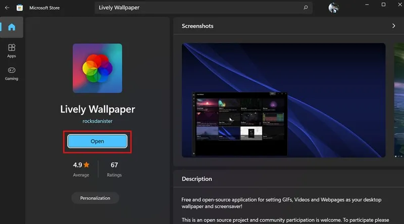 Khởi động ứng dụng Lively Wallpaper sau khi cài đặt để thiết lập ảnh nền