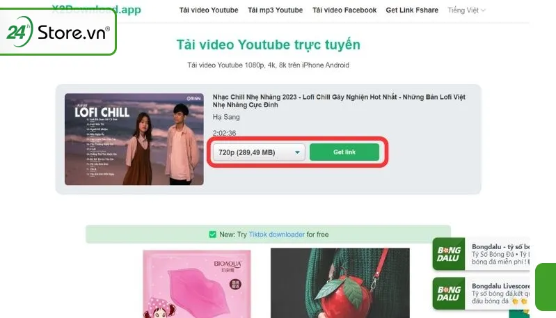 Nút "Lấy link video" trên X2 Download để bắt đầu quá trình xử lý tệp nhạc