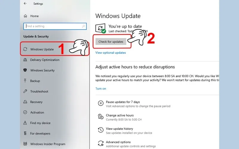 Nút Check for updates (Kiểm tra bản cập nhật) trong Windows Update