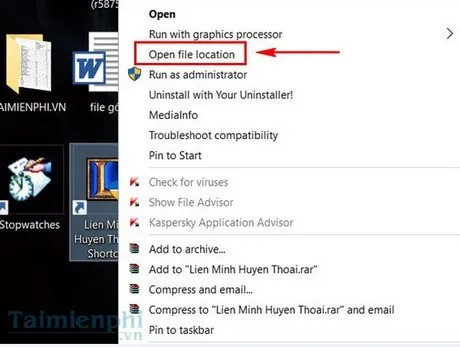 Nhấp chuột phải vào biểu tượng LMHT và chọn Open file Location để mở thư mục cài đặt gốc