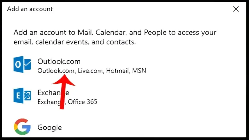 Các lựa chọn tài khoản khi thiết lập Outlook trong ứng dụng Mail tích hợp sẵn trên Windows.