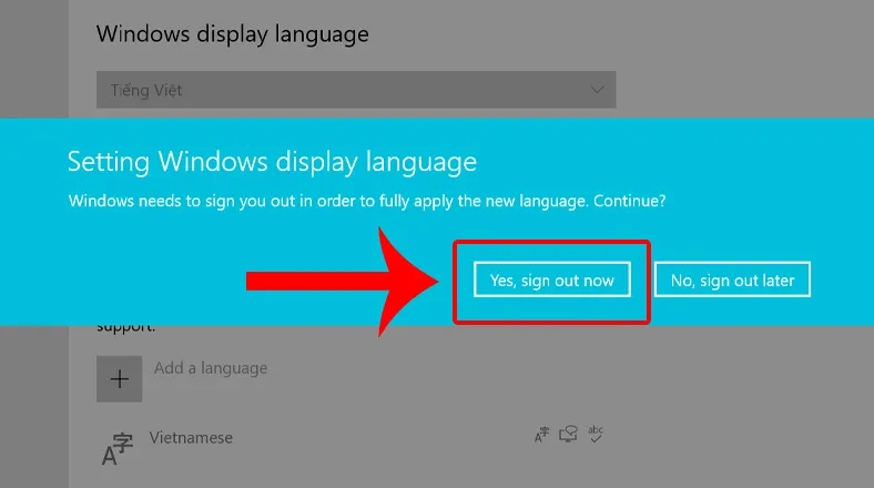 Màn hình nhắc nhở đăng xuất để hoàn tất chuyển đổi ngôn ngữ