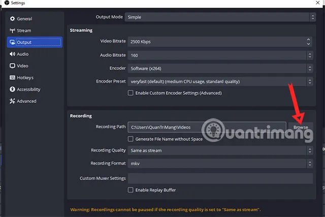 Cấu hình đường dẫn và định dạng đầu ra (Output) cho việc ghi video màn hình máy tính bằng OBS