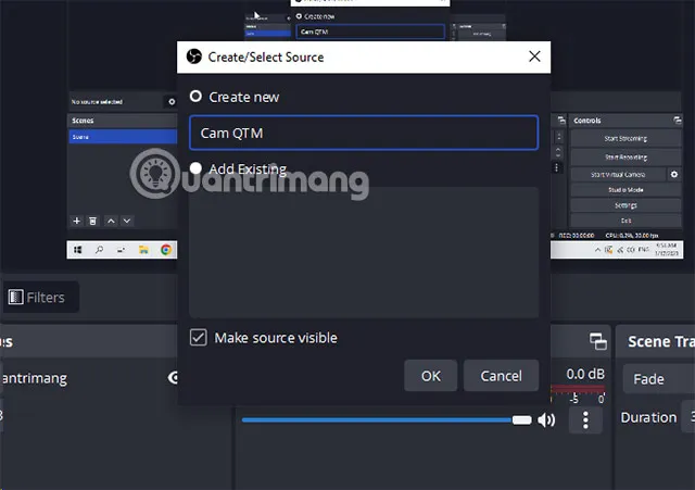 Chọn Video Capture Device để thêm webcam vào giao diện ghi video màn hình máy tính