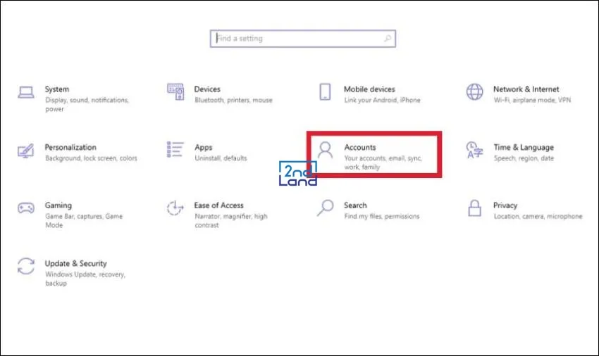 Truy cập Accounts trong Windows Settings