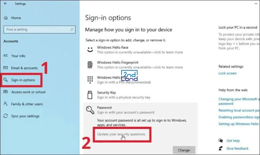 Chọn Update your security questions để thiết lập câu hỏi bảo mật