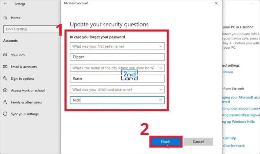 Hộp thoại thiết lập câu hỏi bảo mật và câu trả lời