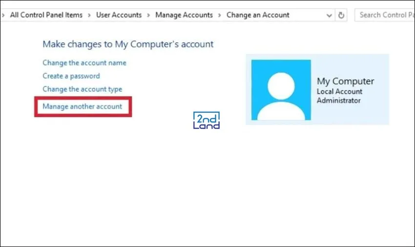 Chọn Manage another account để xem danh sách tài khoản trên máy